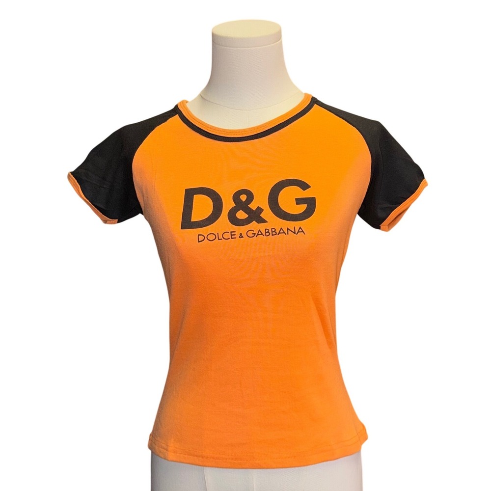 Vintage D&G Dolce & Gabbana Logo Raglan Baby Tee Orange Black Y2K Top